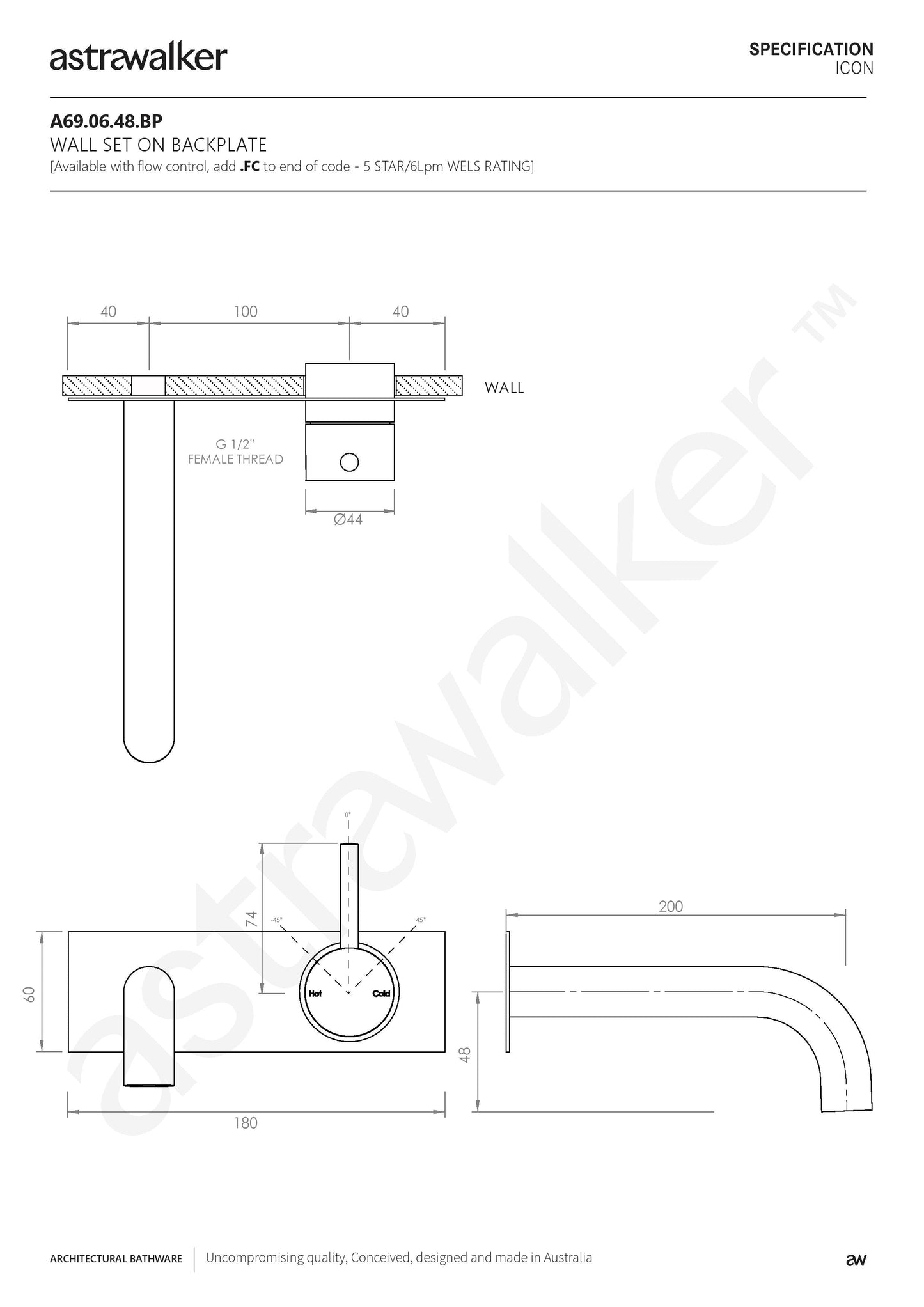Astra Walker Icon Wall Set with Mixer on Backplate with 200x25mm Spout - a69.06.48.bp
