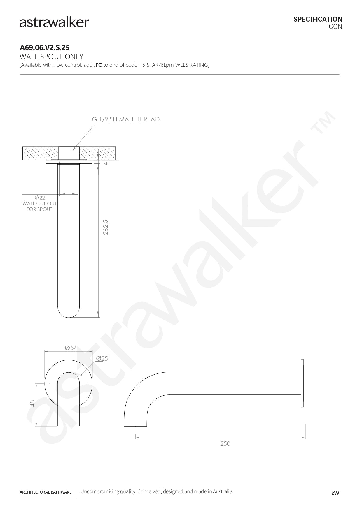 Astra Walker Icon Wall Bath Spout Only 250x25 mm - a69.06.v2.s.25