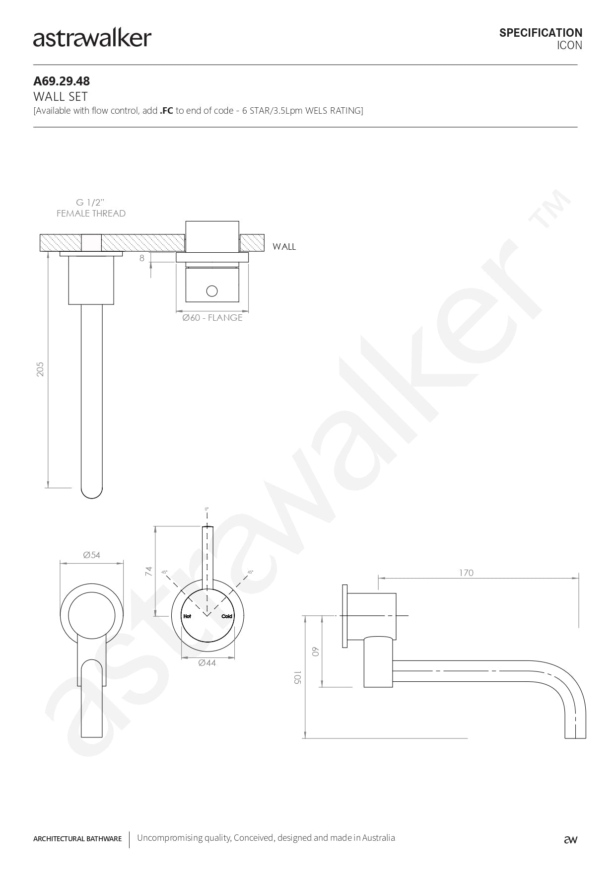 Astra Walker Icon Wall Set with Underslung Swivel Spout & Mixer - a69.29.48