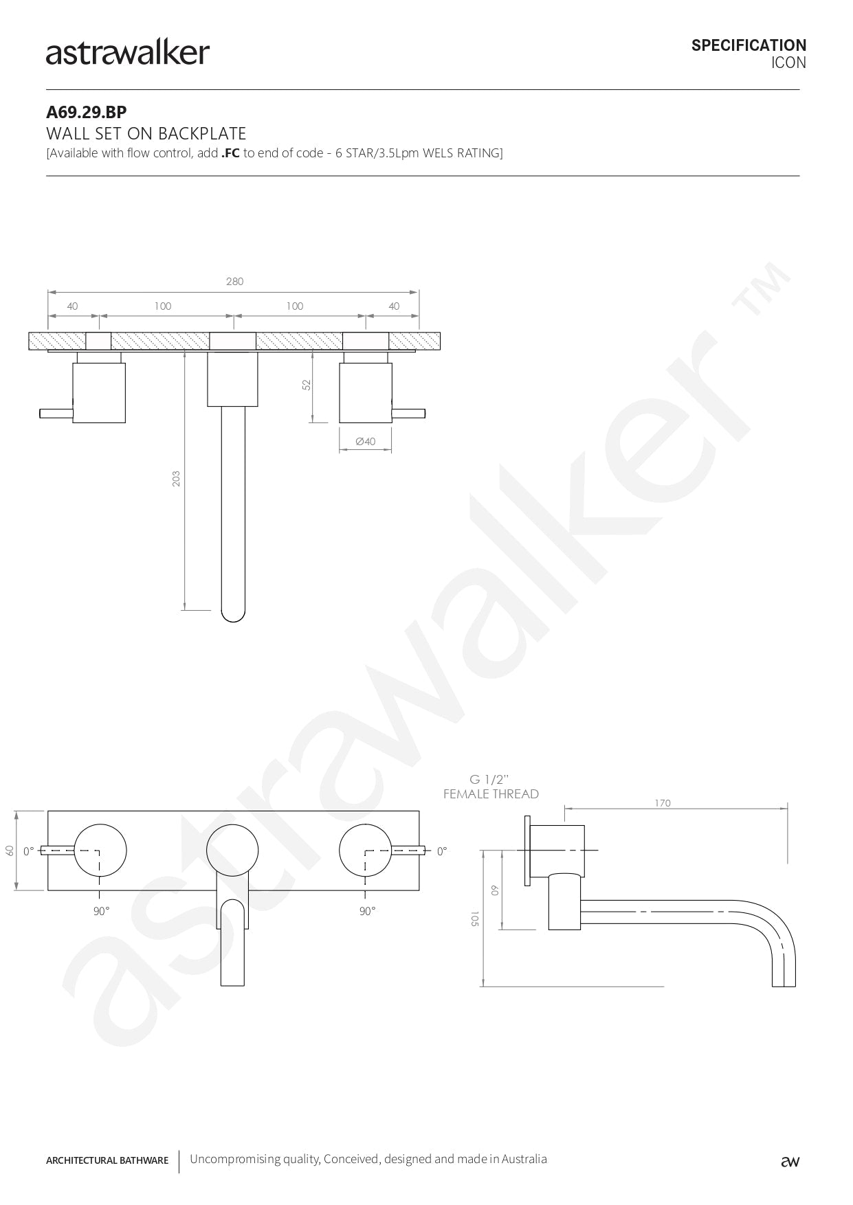 Astra Walker Icon Wall Set with 200mm Underslung Swivel Spout on Backplate - a69.29.bp