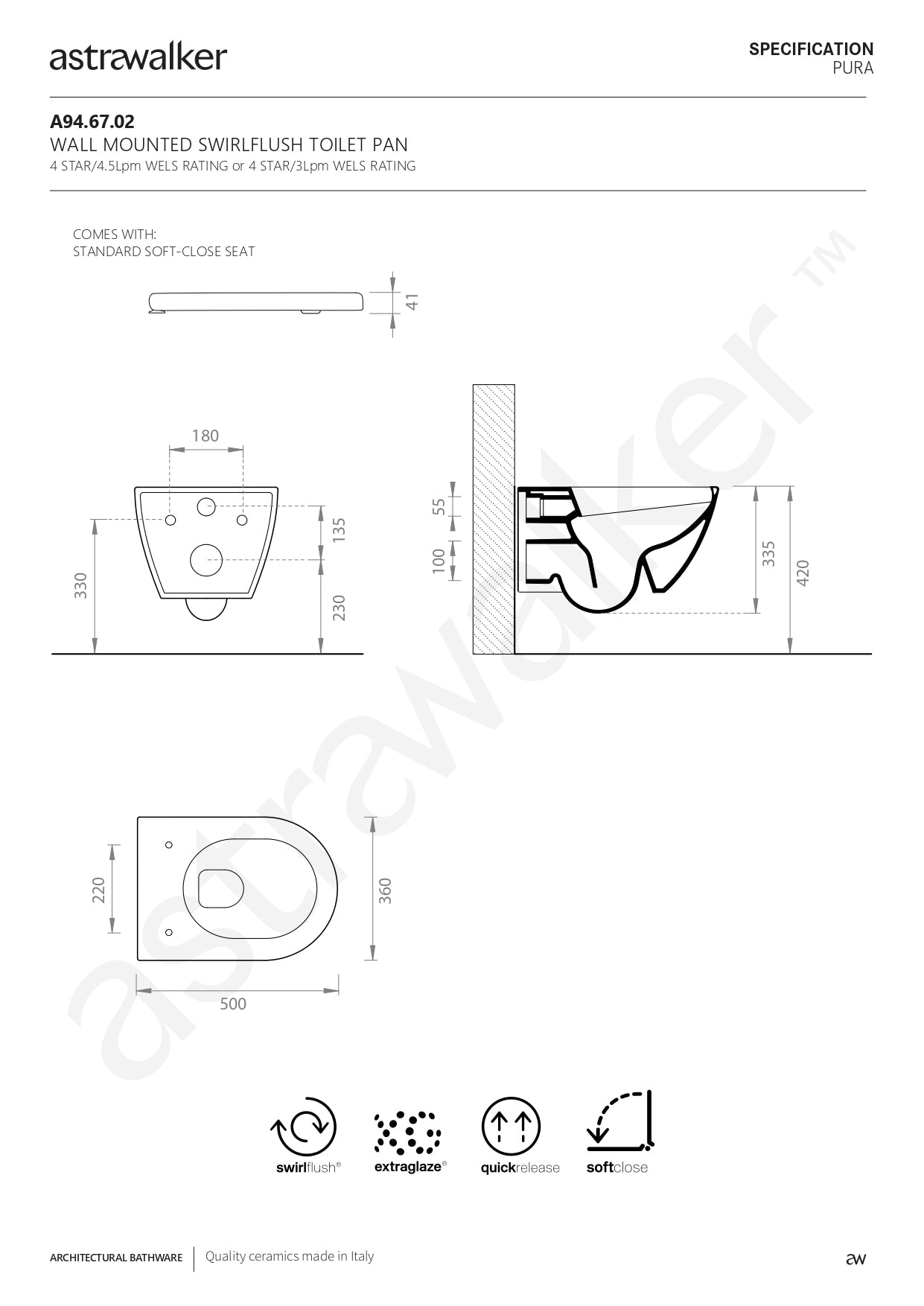 Astra Walker Pura Wall Mounted Swirlflush Toilet Pan with Soft-Close Seat A94.67.02