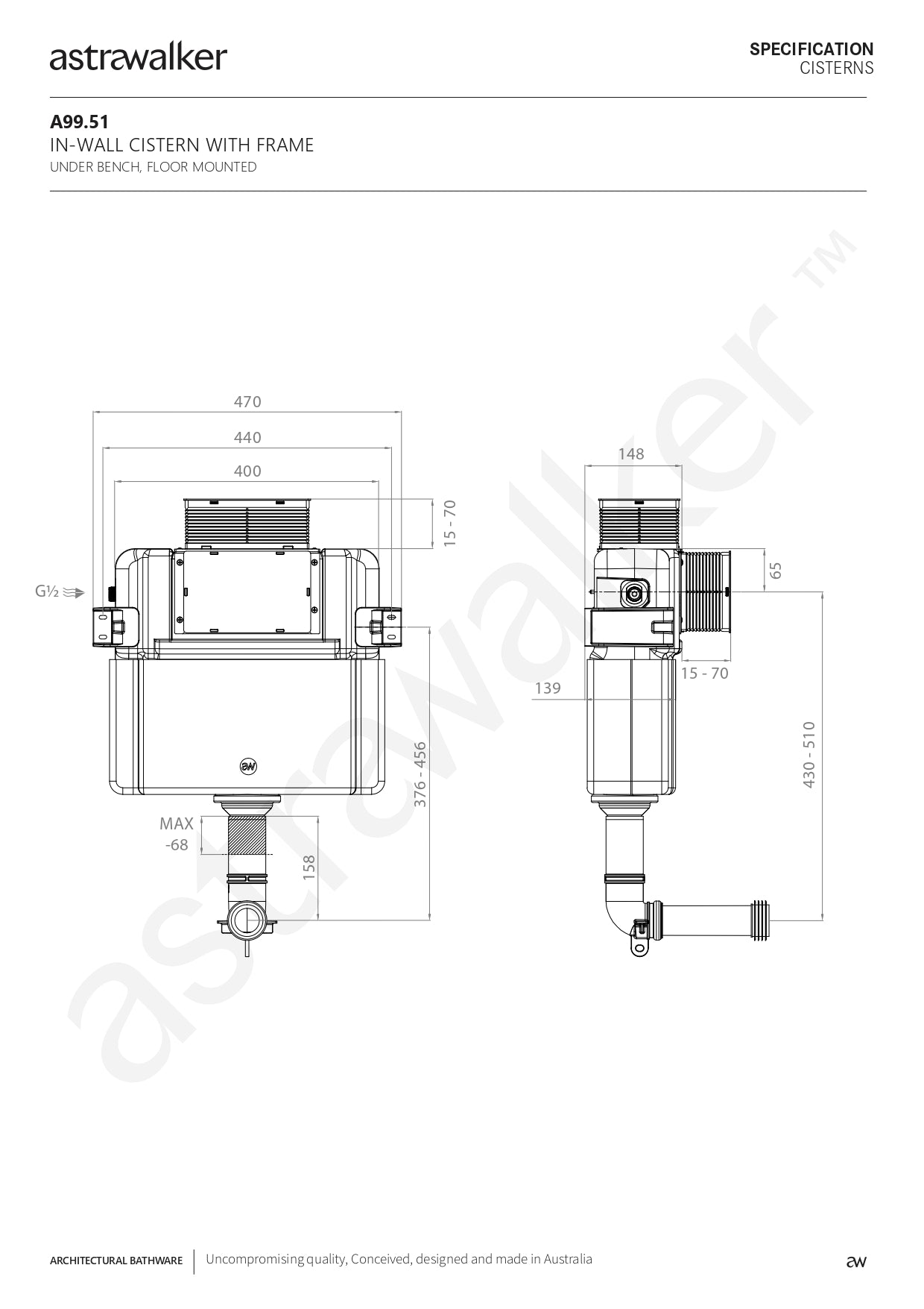 Astra Walker In-Wall Cistern to suit wall faced Toilet Pan, suitable for front press Flush Plate Installation A99.51