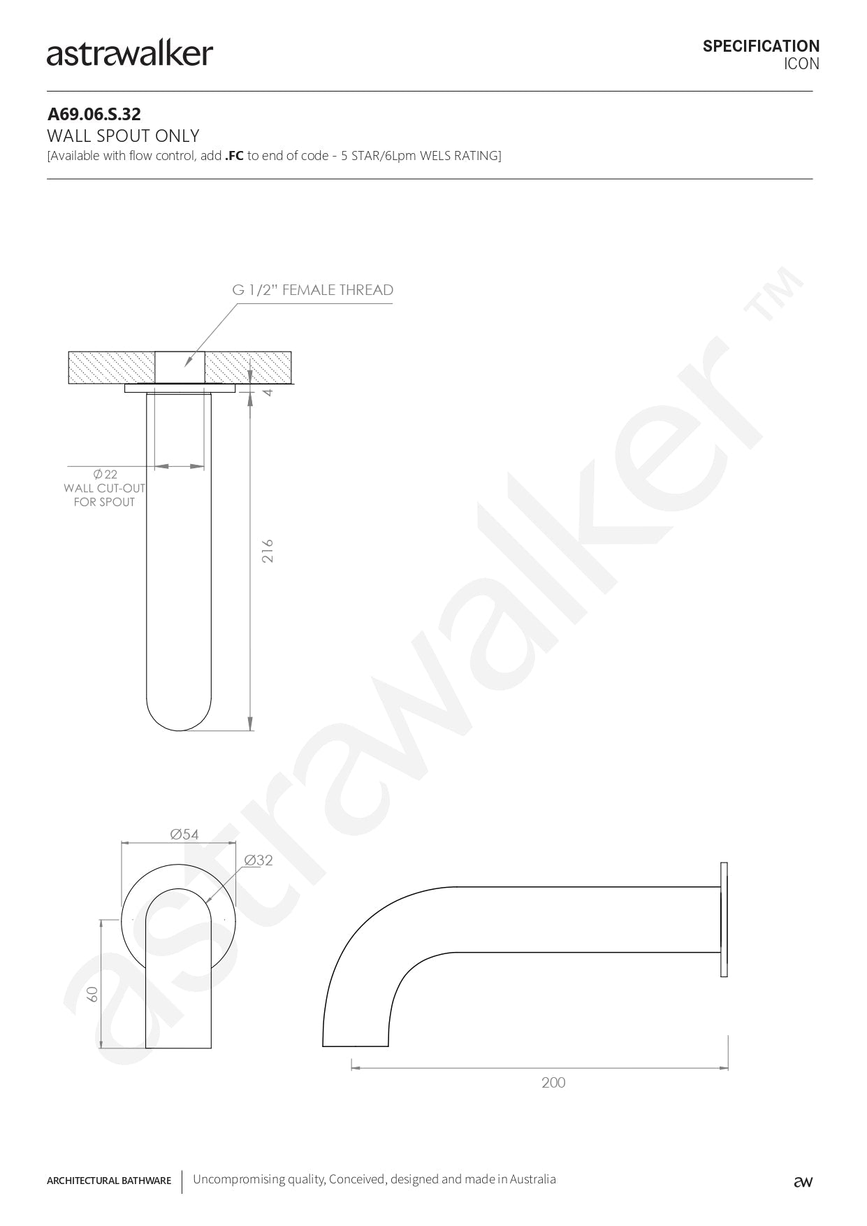 Astra Walker Icon Wall Bath Spout Only 200x32mm - a69.06.s.32