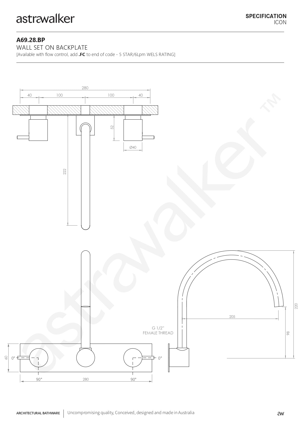 Astra Walker Icon Wall Set on Backplate with Swivel Spout - a69.28.bp