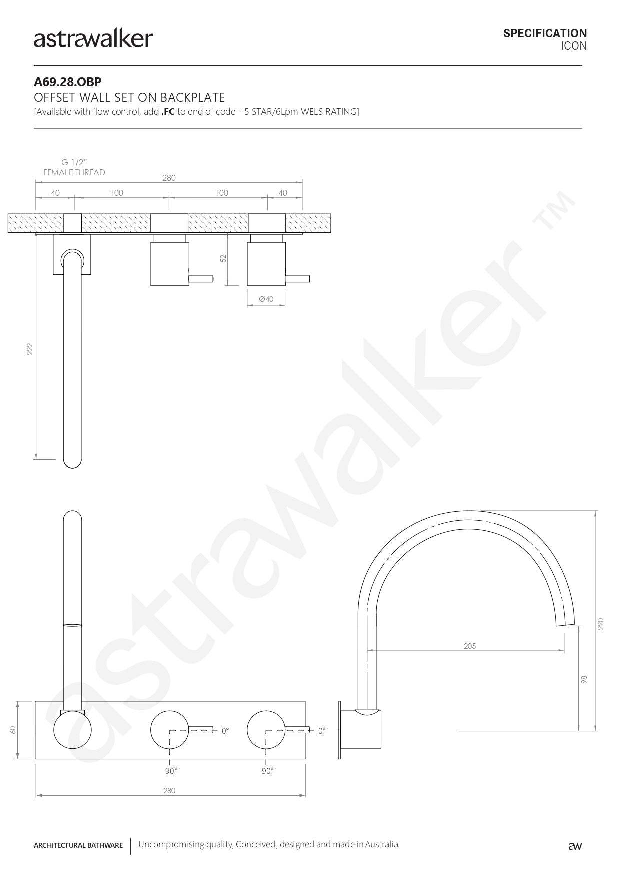 Astra Walker Icon Wall Set on Backplate Offset with swivel spout - a69.28.obp
