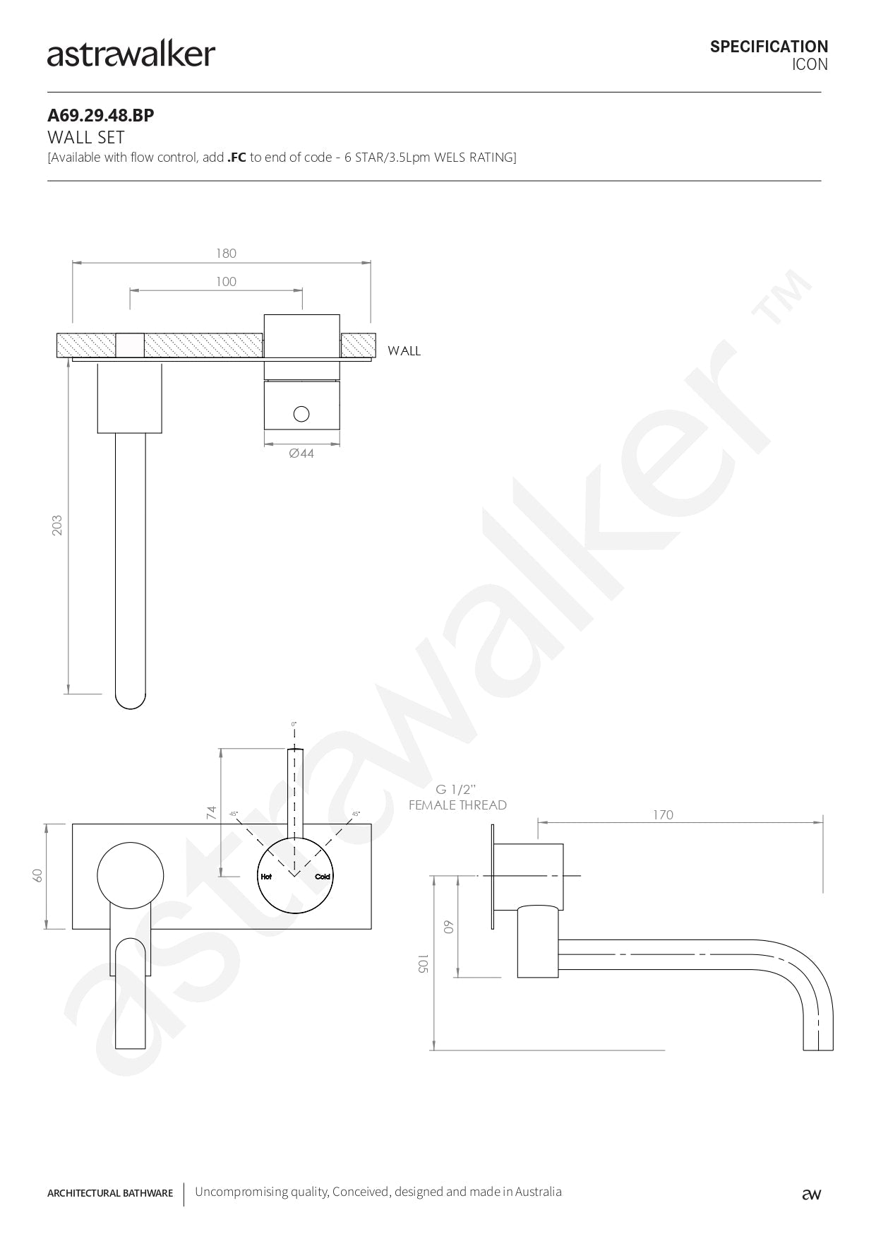 Astra Walker Icon Wall Set with Underslung Swivel Spout & Mixer on Backplate - a69.29.48.bp