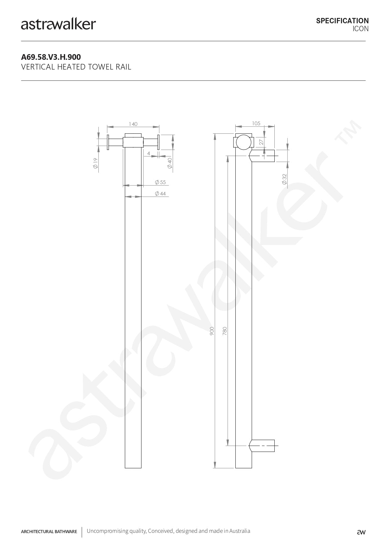 Astra Walker Icon Vertical Heated Towel Rail - 900mm - a69.58.v3.h.900