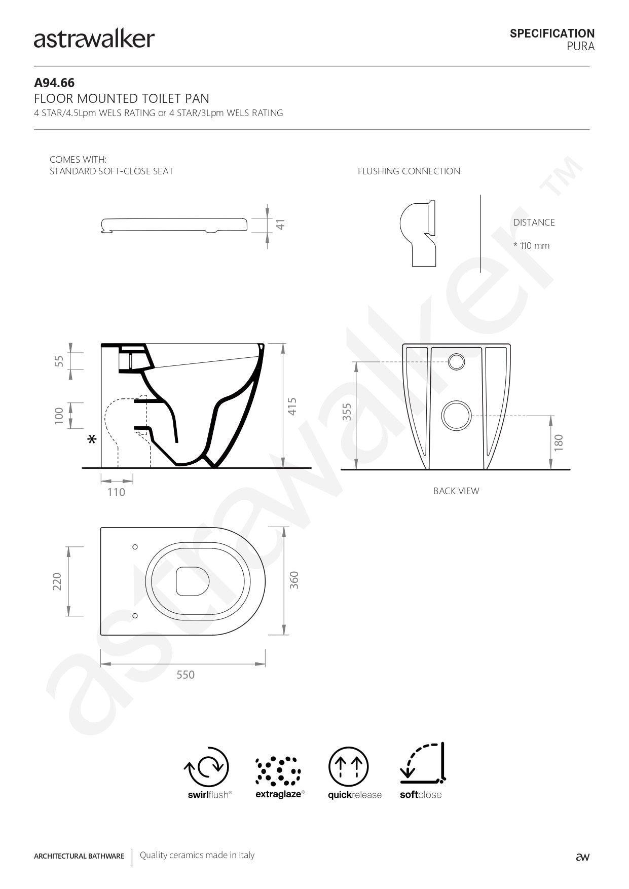 Astra Walker Pura Floor mounted Swirlflush Toilet Pan with Soft-Close Seat A94.66