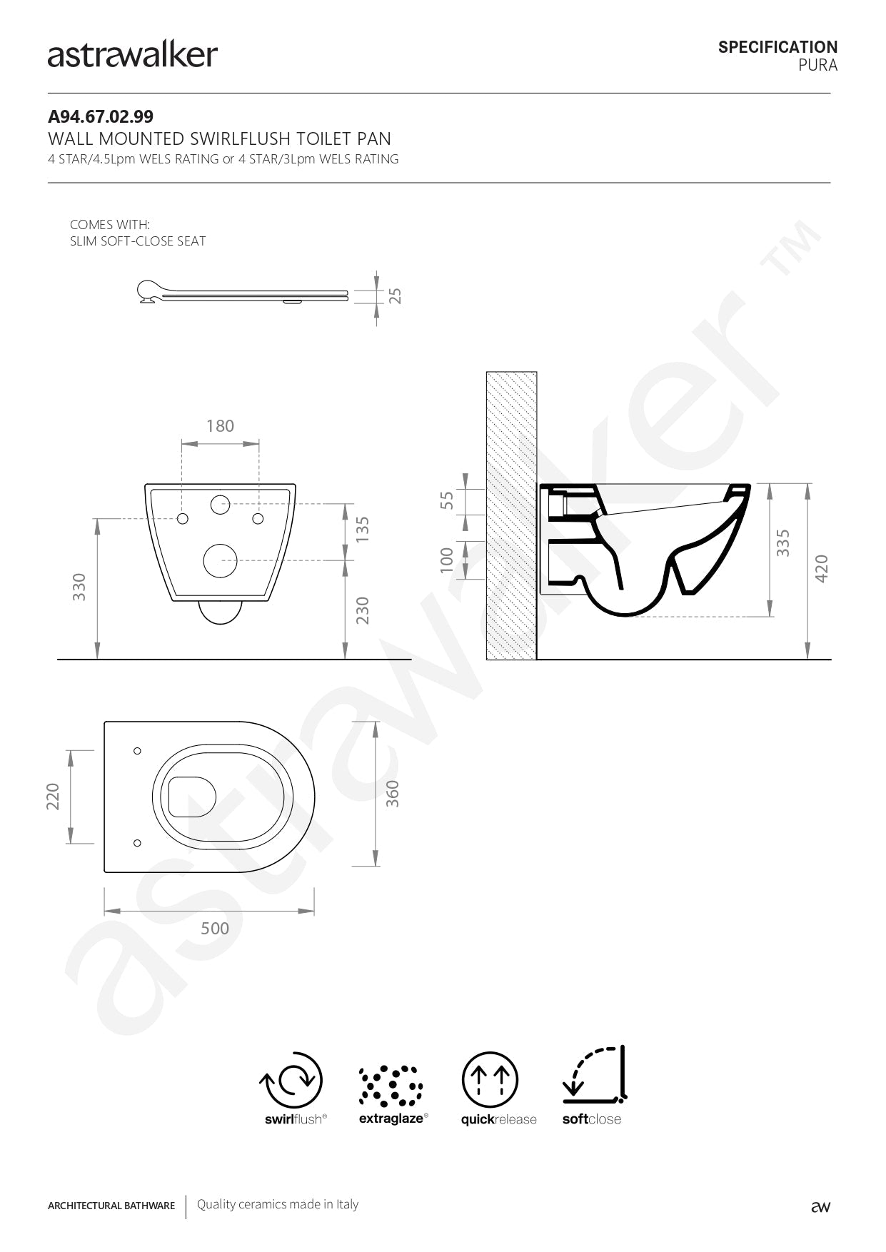 Astra Walker Pura Wall Mounted Swirlflush Toilet Pan with Slim Soft-Close Seat A94.67.02.99