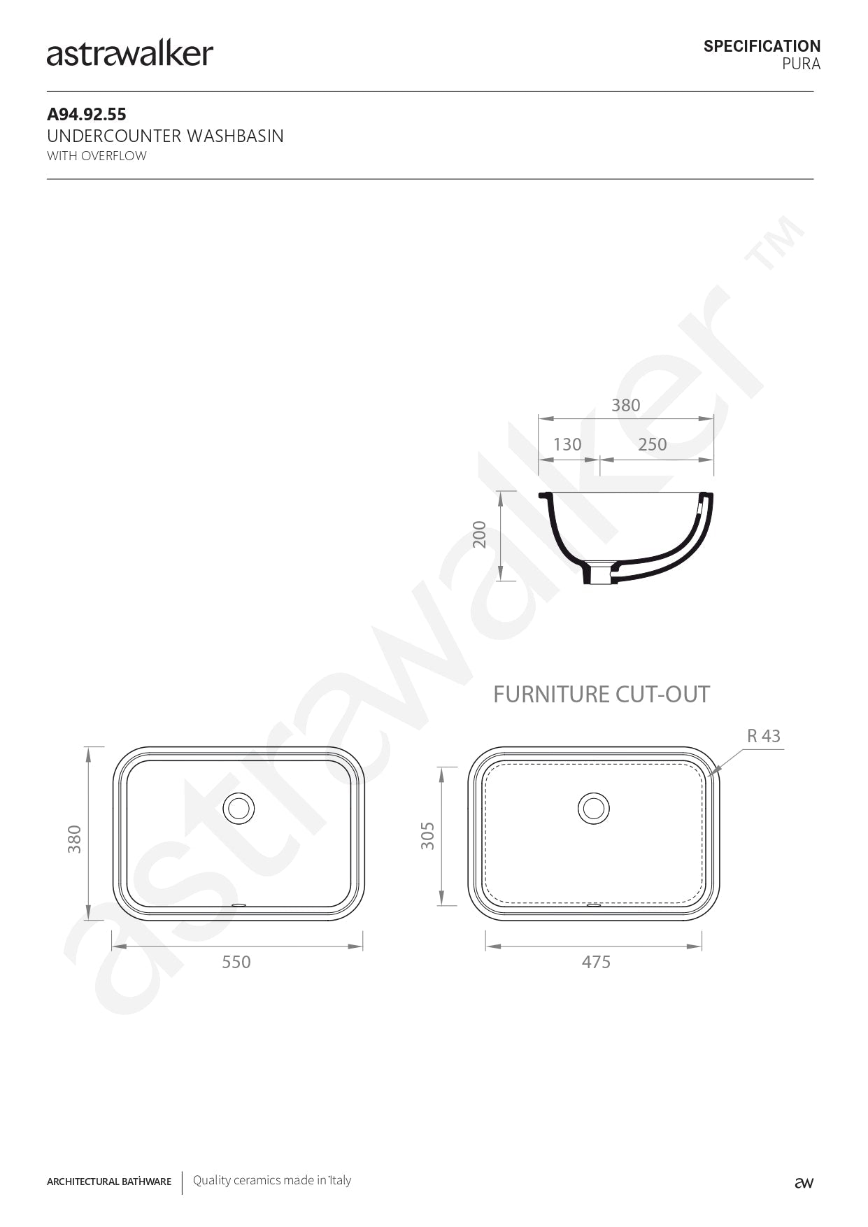 Astra Walker Pura Undercounter Washbasin A94.92.55