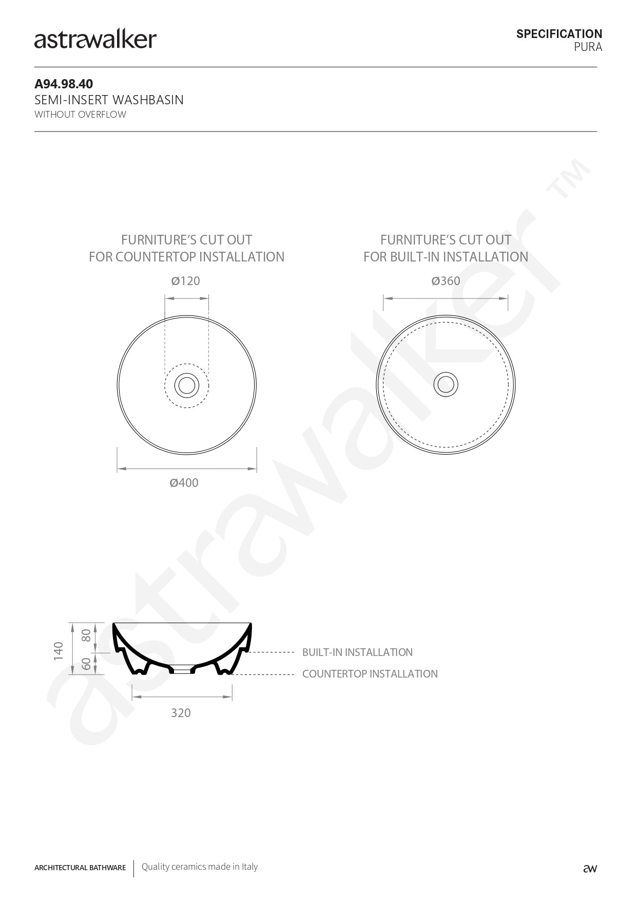 Astra Walker Pura Countertop or built-in Washbasin A94.98.40