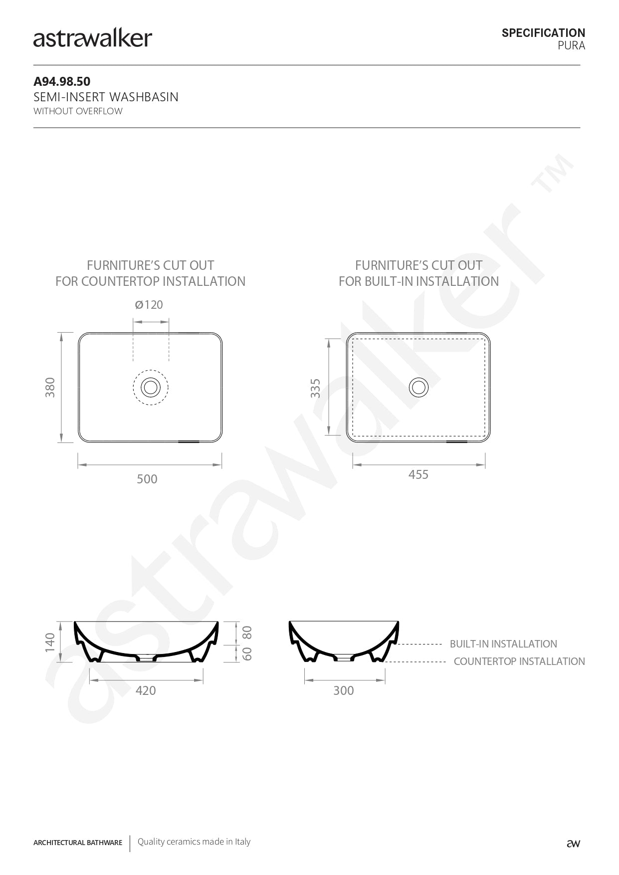 Astra Walker Pura Countertop or built-in Washbasin A94.98.50