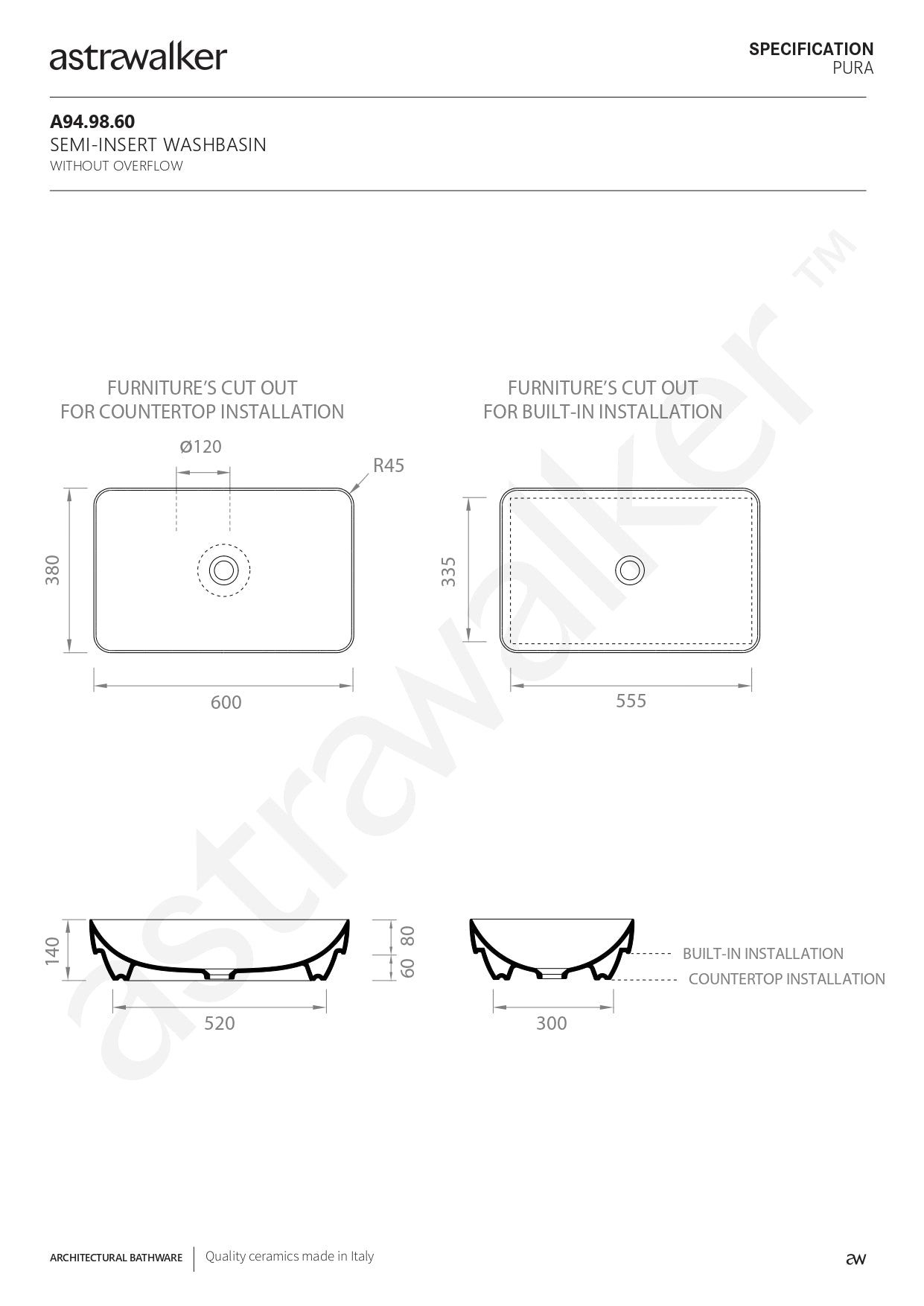 Astra Walker Pura Countertop or built-in Washbasin A94.98.60