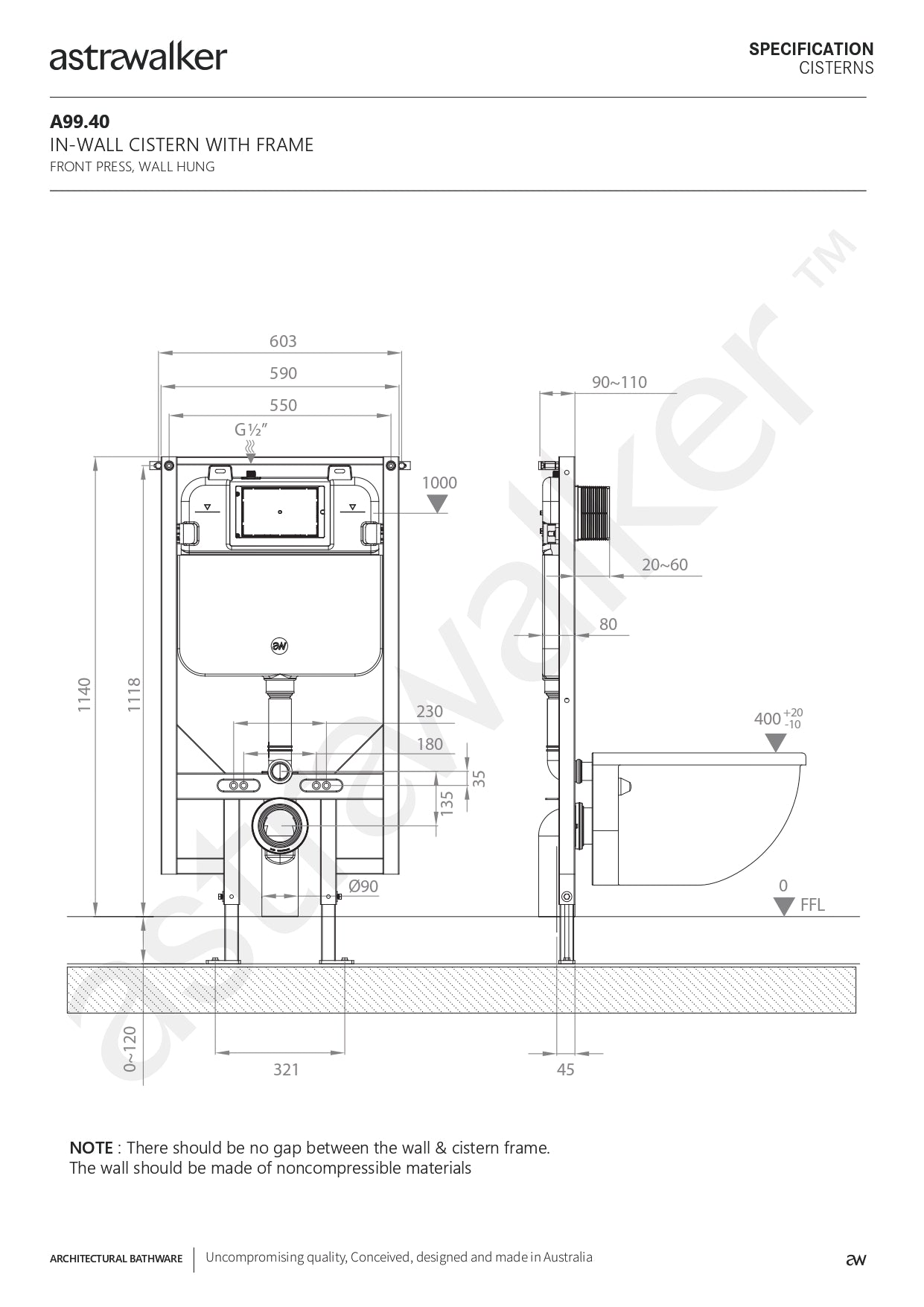 Astra Walker In-Wall Cistern with Frame to suit wall hung Toilet Pan, suitable for front press Flush Plate Installation A99.40