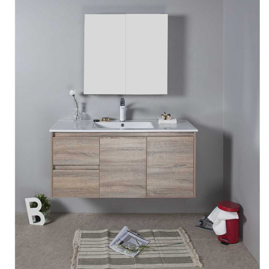 GRACE TIMBER LOOK WALL HUNG VANITY 1200MM DRAWERS ON RIGHT