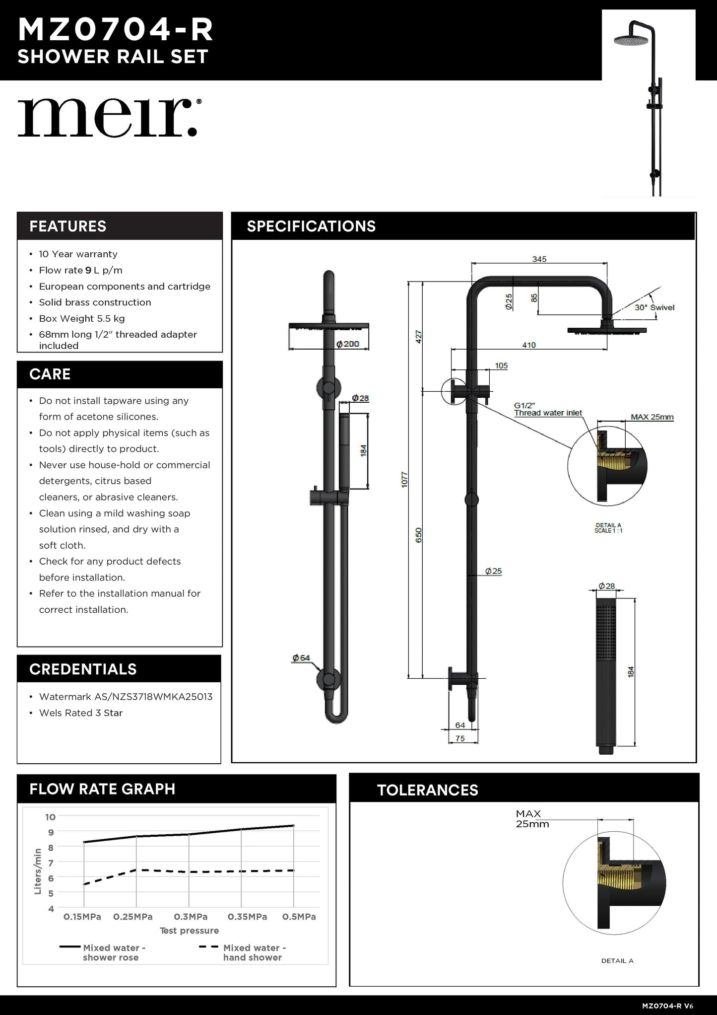 Meir Round Combination Shower Rail, 200MM Rose, Single Function Hand Shower