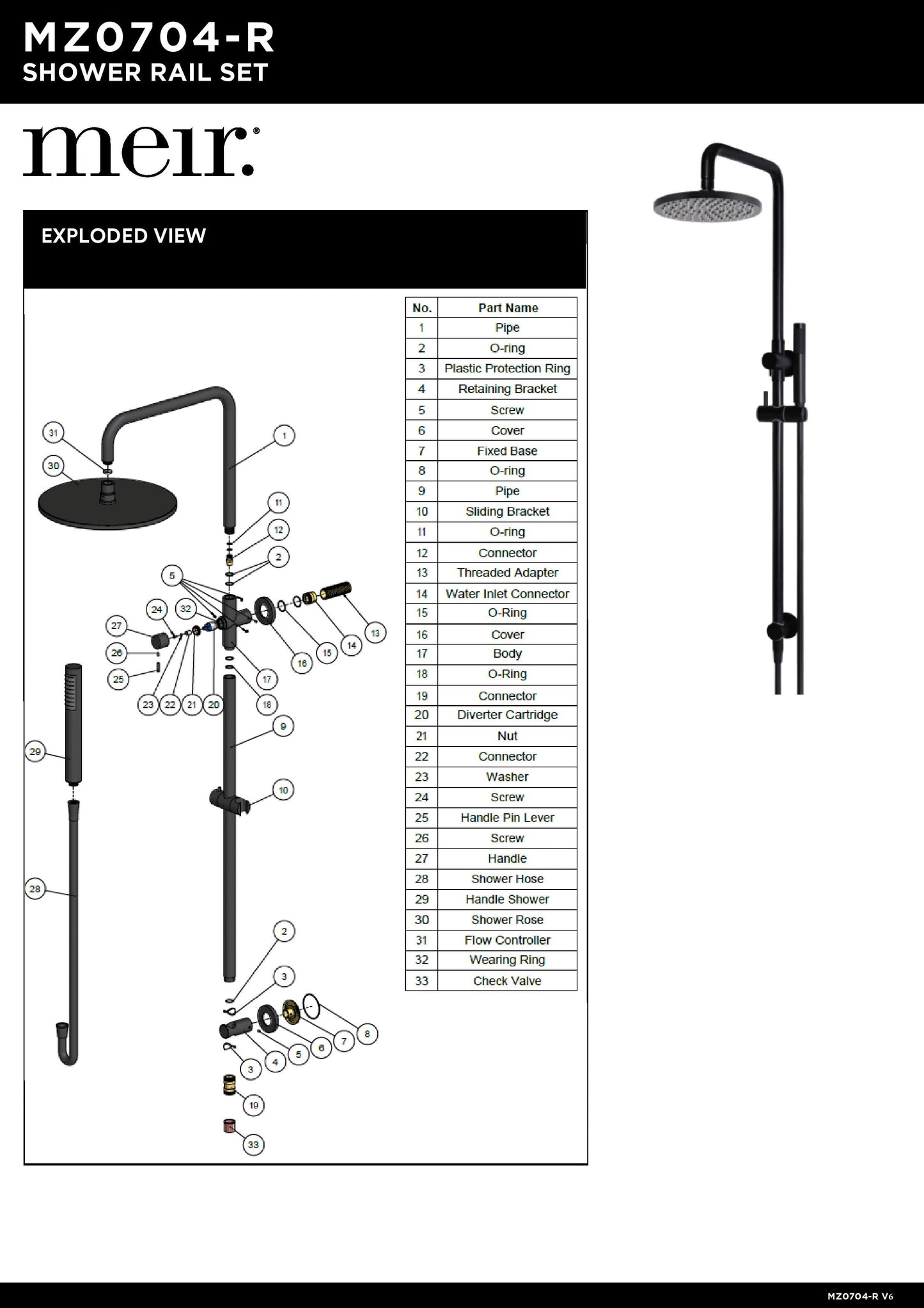 Meir Round Combination Shower Rail, 200MM Rose, Single Function Hand Shower
