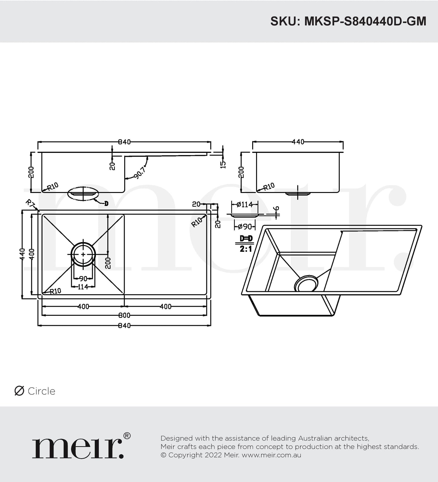 Meir Lavello Kitchen Sink - Single Bowl & Drainboard 840 X 440
